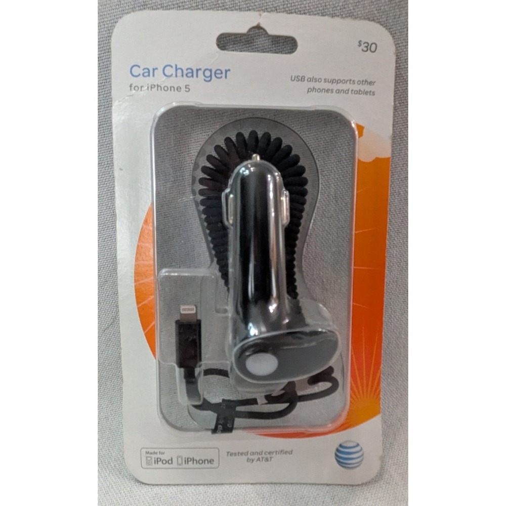 AT&T Car Charger Unisex OS Black New Lightning Port Coiled Cable iPhone 5 4617A